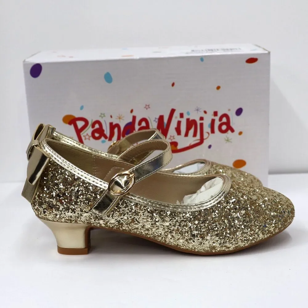 PANDANINJIA Girls Heels, Dress Shoes for Girls, Mary Jane Gold, Sequin SIZE 3